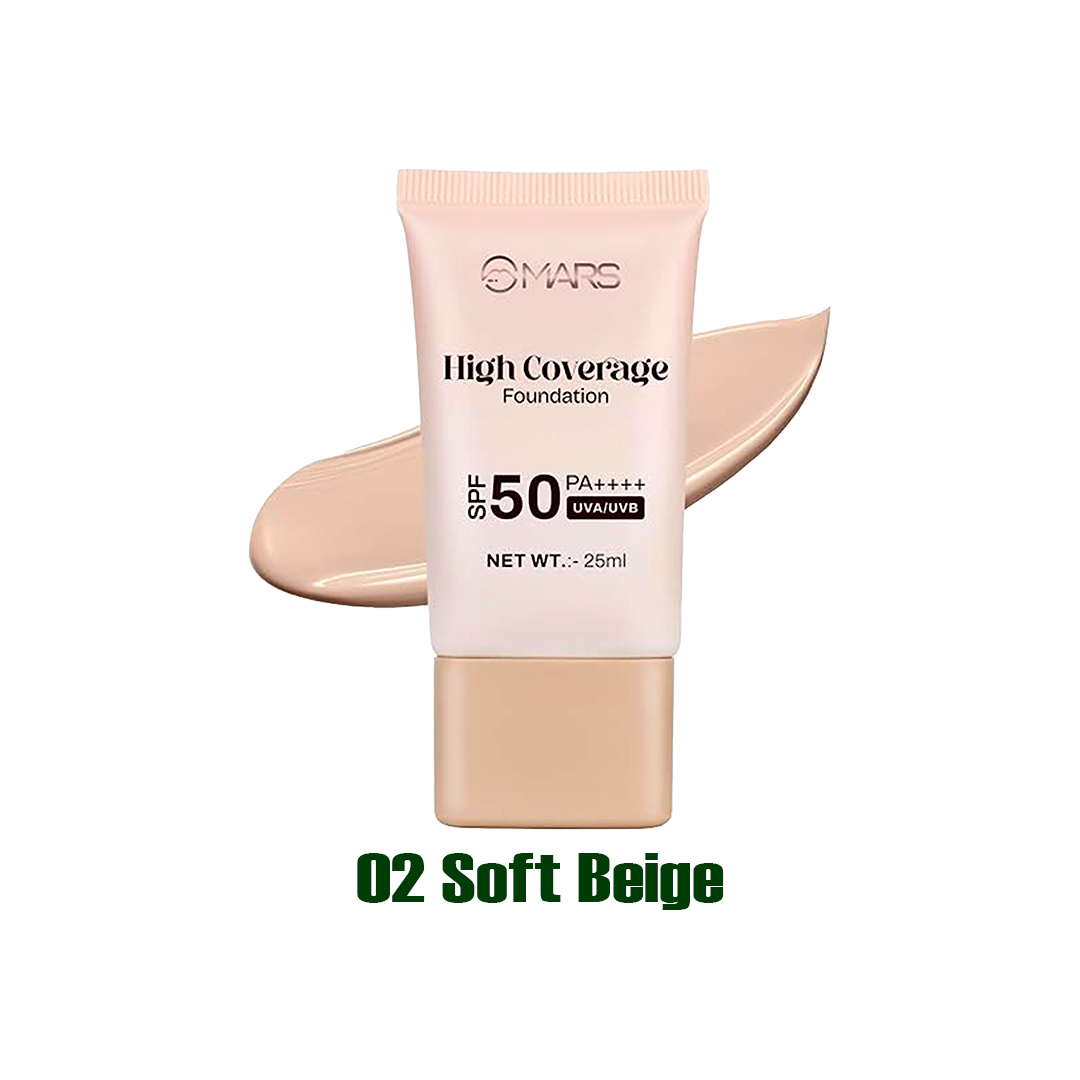 MARS SPF50 PA++++ High Coverage Foundation – 02 Soft Beige (25ml)